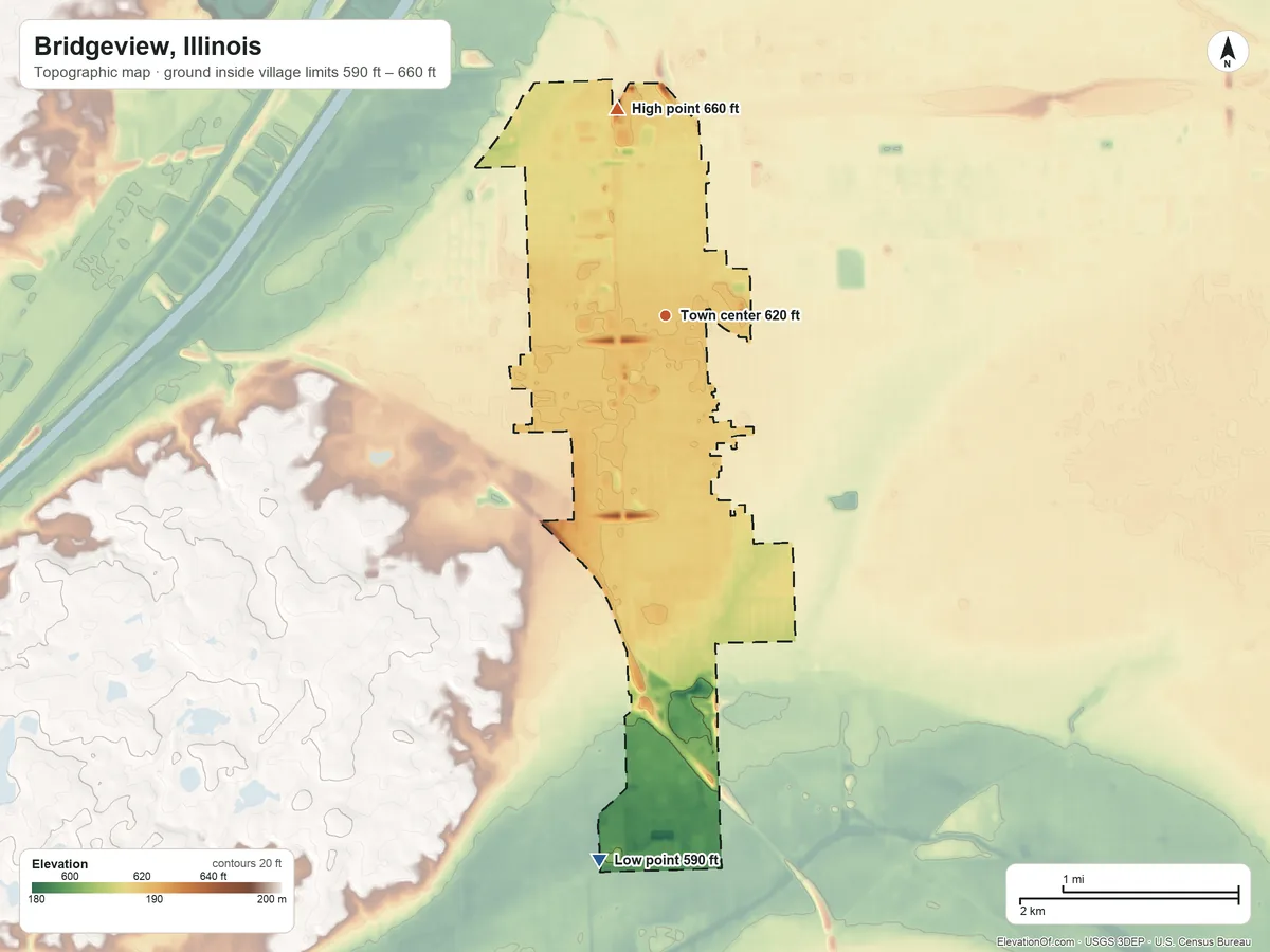 Topographic elevation map of Bridgeview, Illinois, shaded from 590 ft on the south side to 660 ft on the north side