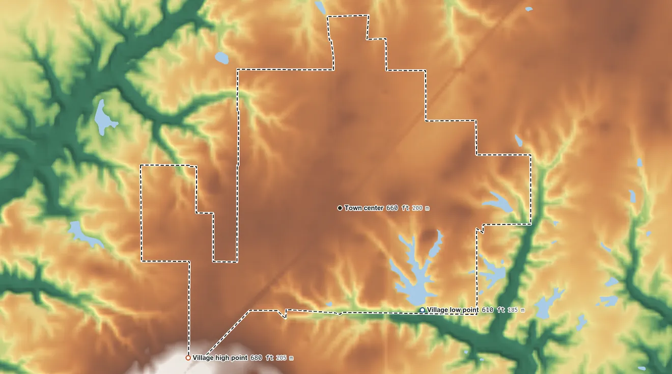 Topographic elevation map of Brighton, Illinois, shaded from 610 ft on the southeast side to 680 ft on the southwest side