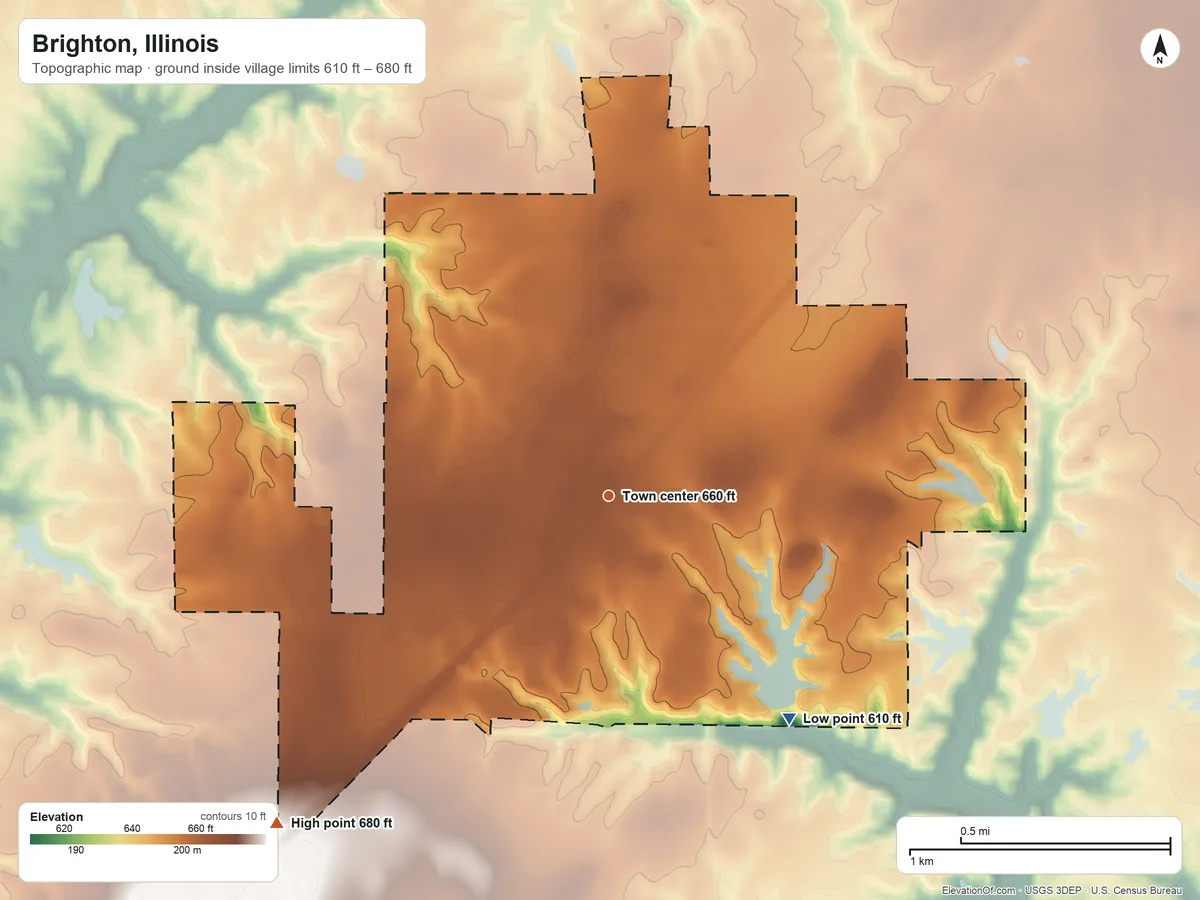 Topographic elevation map of Brighton, Illinois, shaded from 610 ft on the southeast side to 680 ft on the southwest side