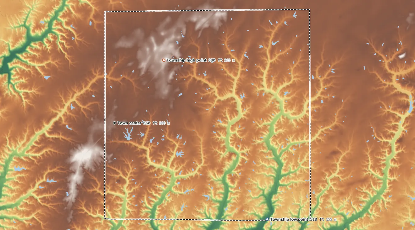 Topographic elevation map of Brighton Township, Illinois, shaded from 510 ft on the southeast side to 680 ft on the northeast side