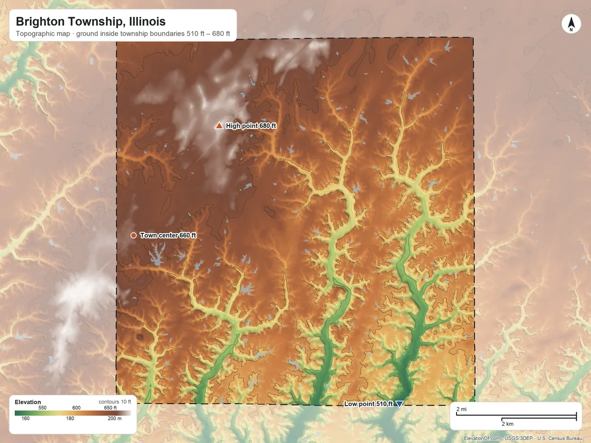 Topographic elevation map of Brighton Township, Illinois, shaded from 510 ft on the southeast side to 680 ft on the northeast side