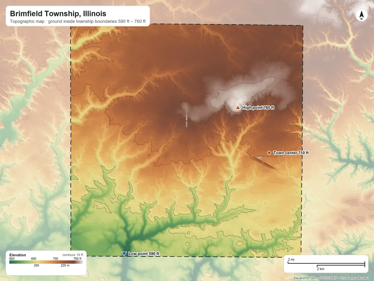 Topographic elevation map of Brimfield Township, Illinois, shaded from 590 ft on the southwest side to 760 ft on the northwest side