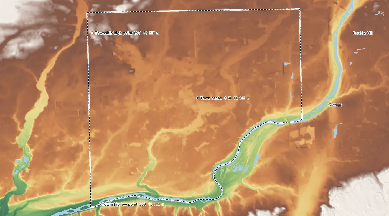 Topographic elevation map of Bristol Township, Illinois, shaded from 560 ft on the southwest side to 690 ft on the northwest side