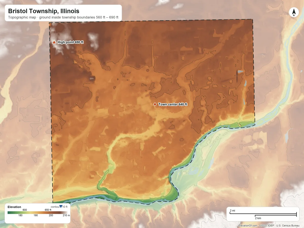 Topographic elevation map of Bristol Township, Illinois, shaded from 560 ft on the southwest side to 690 ft on the northwest side