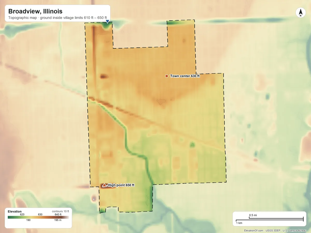 Topographic elevation map of Broadview, Illinois, shaded from 610 ft on the northwest side to 650 ft on the southwest side