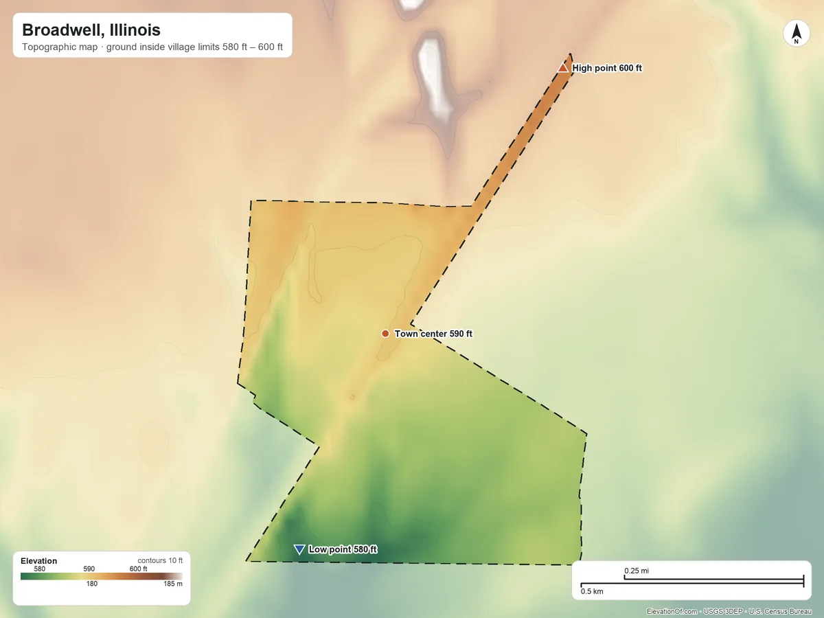 Topographic elevation map of Broadwell, Illinois, shaded from 580 ft on the south side to 600 ft on the northeast side