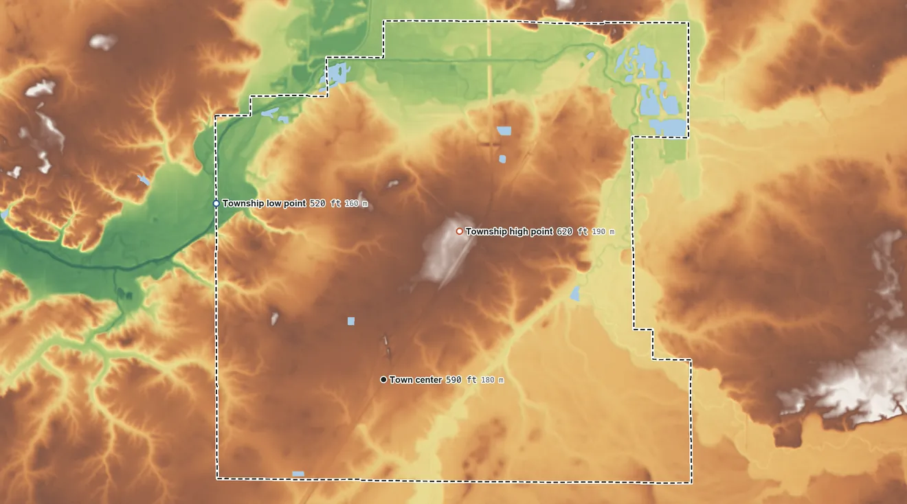 Topographic elevation map of Broadwell Township, Illinois, shaded from 520 ft on the northwest side to 620 ft on the northeast side