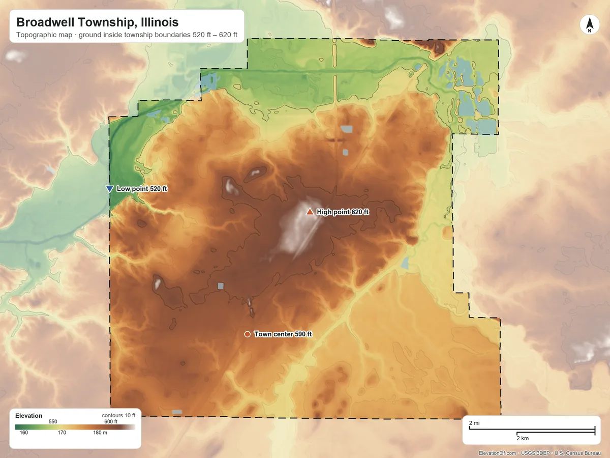 Topographic elevation map of Broadwell Township, Illinois, shaded from 520 ft on the northwest side to 620 ft on the northeast side