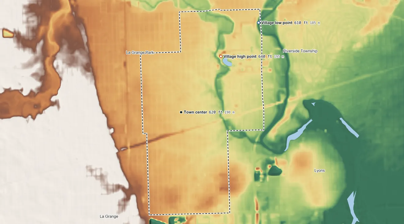 Topographic elevation map of Brookfield, Illinois, shaded from 610 ft on the northeast side to 640 ft on the northeast side