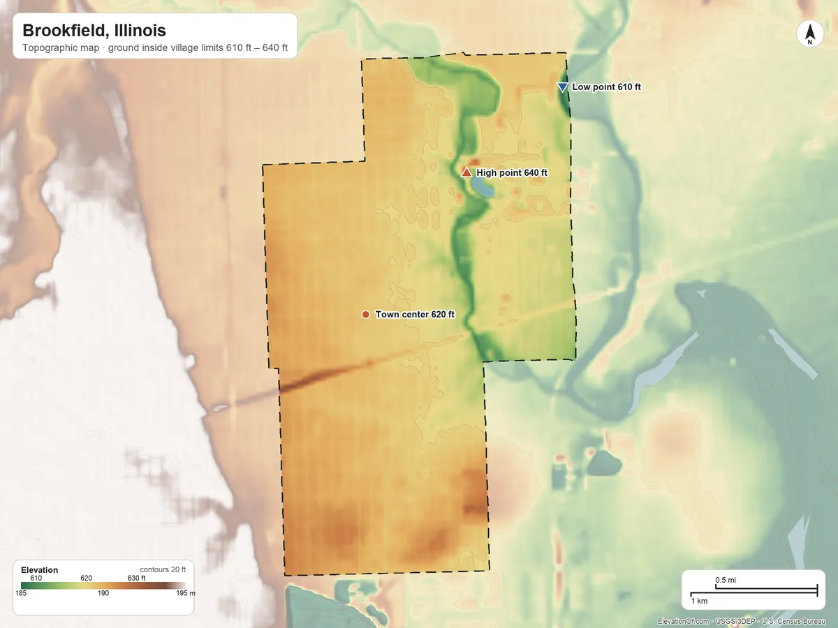 Topographic elevation map of Brookfield, Illinois, shaded from 610 ft on the northeast side to 640 ft on the northeast side