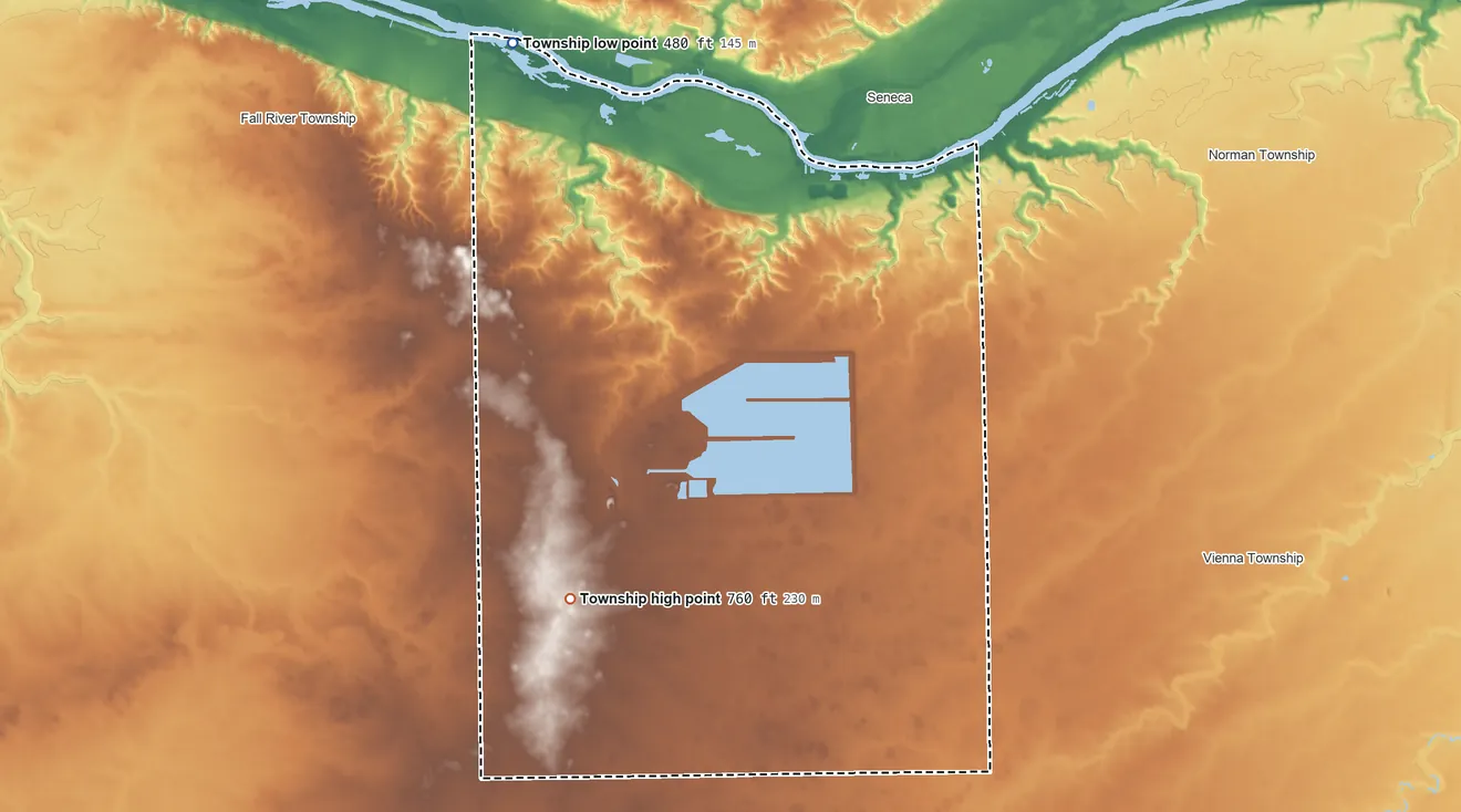 Topographic elevation map of Brookfield Township, Illinois, shaded from 480 ft on the northwest side to 760 ft on the southwest side