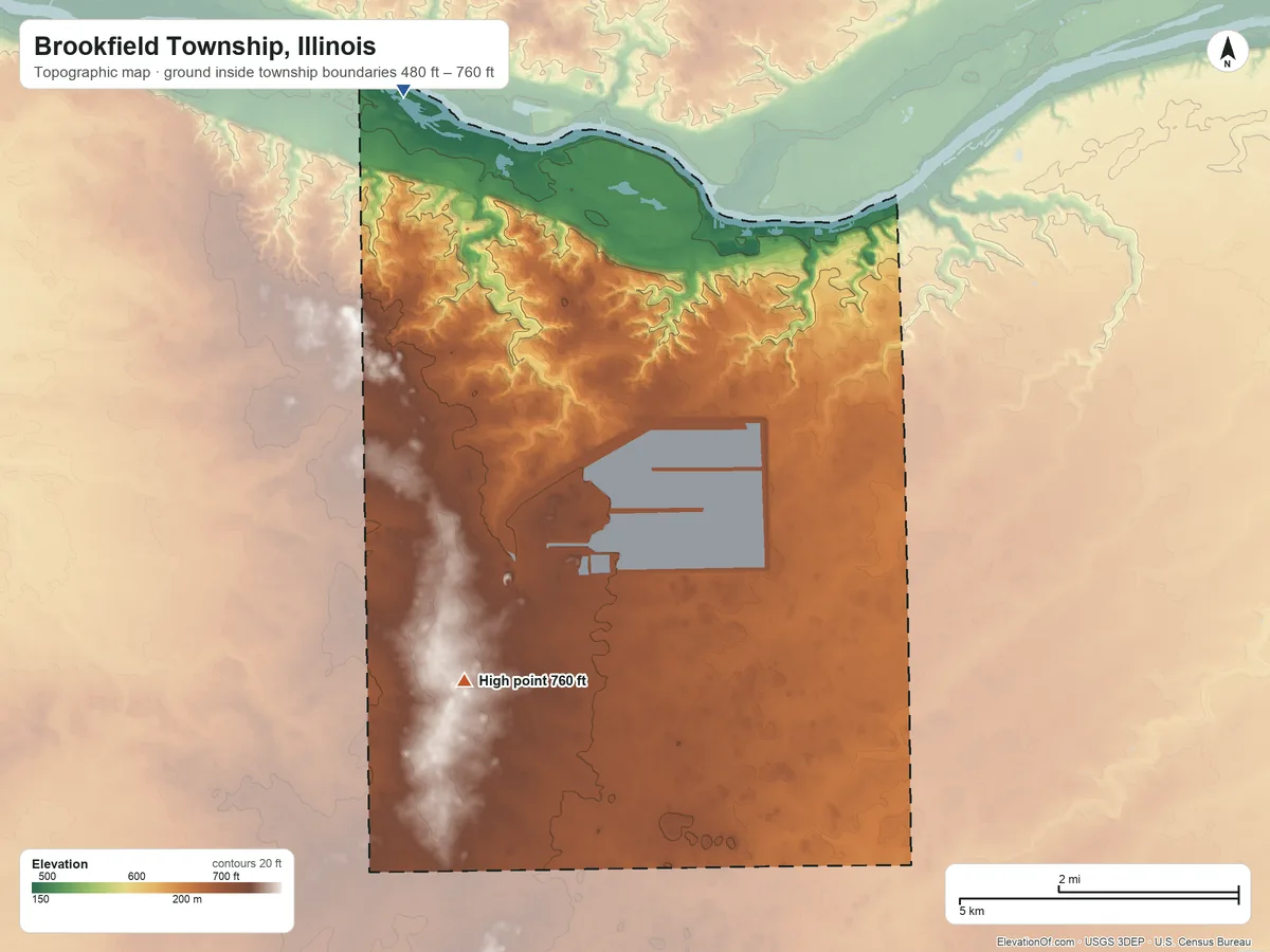 Topographic elevation map of Brookfield Township, Illinois, shaded from 480 ft on the northwest side to 760 ft on the southwest side