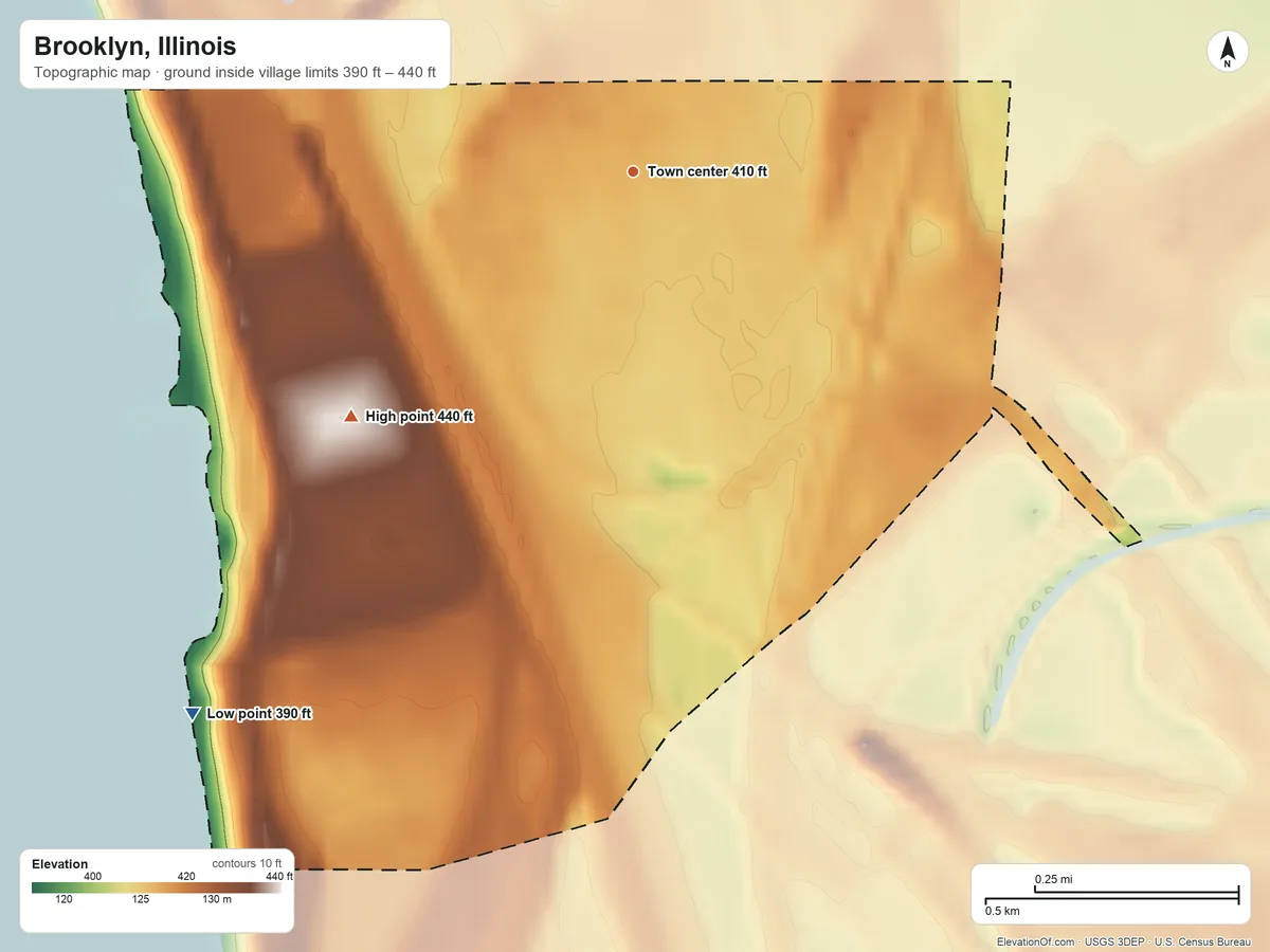 Topographic elevation map of Brooklyn, Illinois, shaded from 390 ft on the southwest side to 440 ft on the southwest side