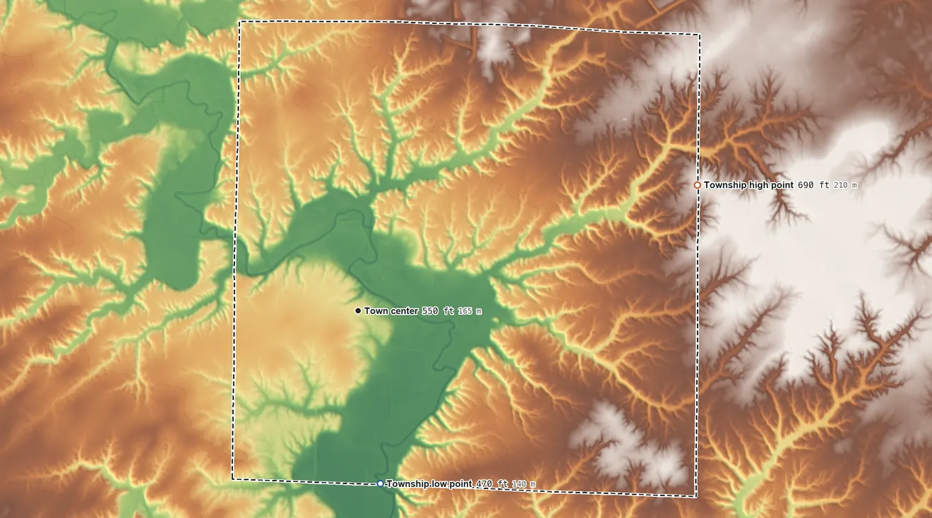 Topographic elevation map of Brooklyn Township, Schuyler County, Illinois, shaded from 470 ft on the south side to 690 ft on the east side