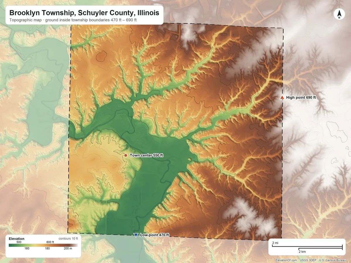 Topographic elevation map of Brooklyn Township, Schuyler County, Illinois, shaded from 470 ft on the south side to 690 ft on the east side