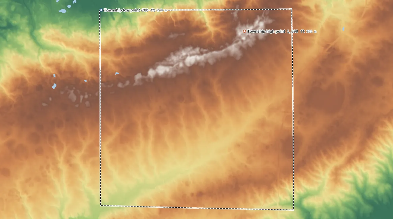 Topographic elevation map of Brooklyn Township, Illinois, shaded from 780 ft on the northwest side to 1,000 ft on the northeast side