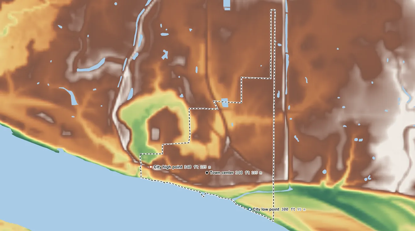Topographic elevation map of Brookport, Illinois, shaded from 300 ft on the southeast side to 340 ft on the west side