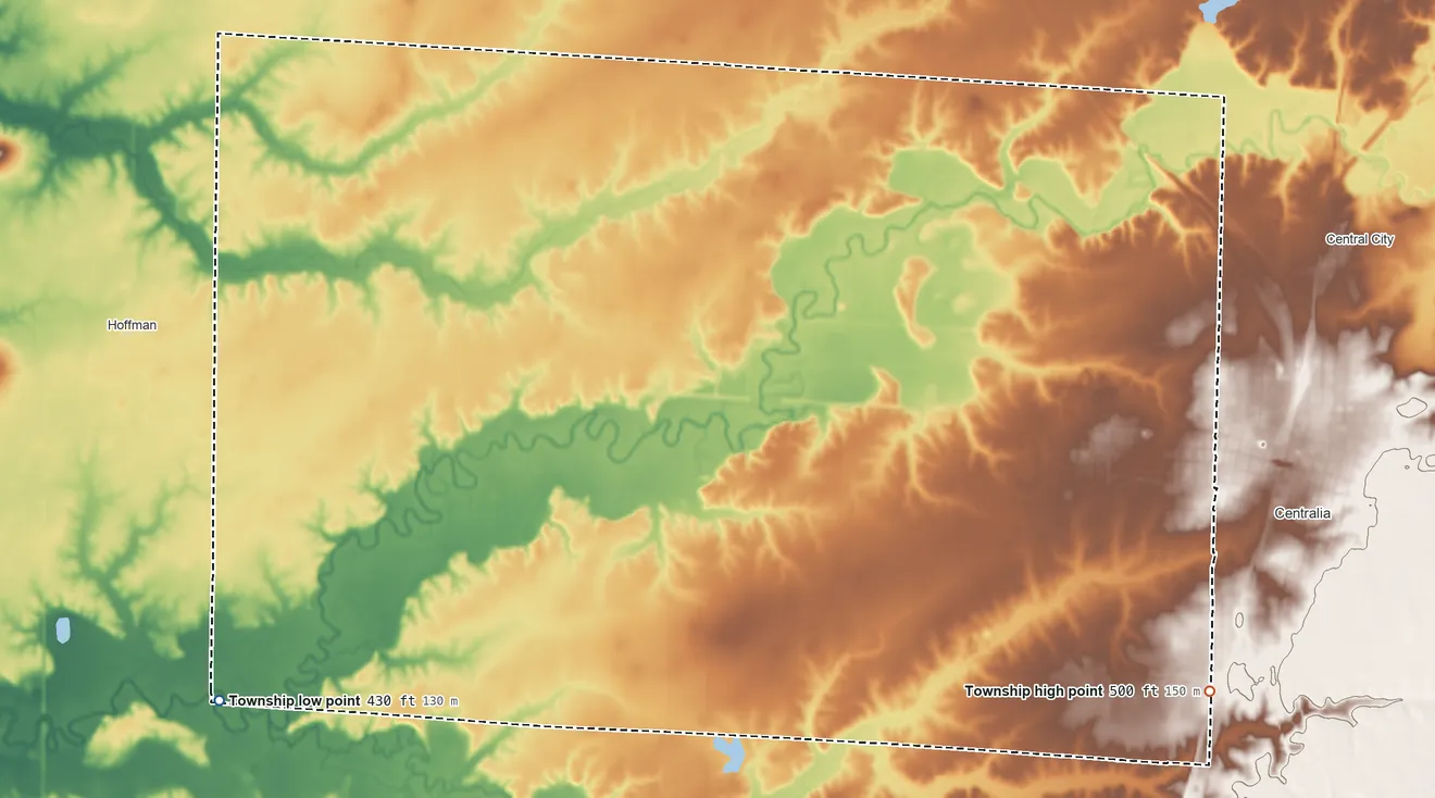 Topographic elevation map of Brookside Township, Illinois, shaded from 430 ft on the west side to 500 ft on the southeast side