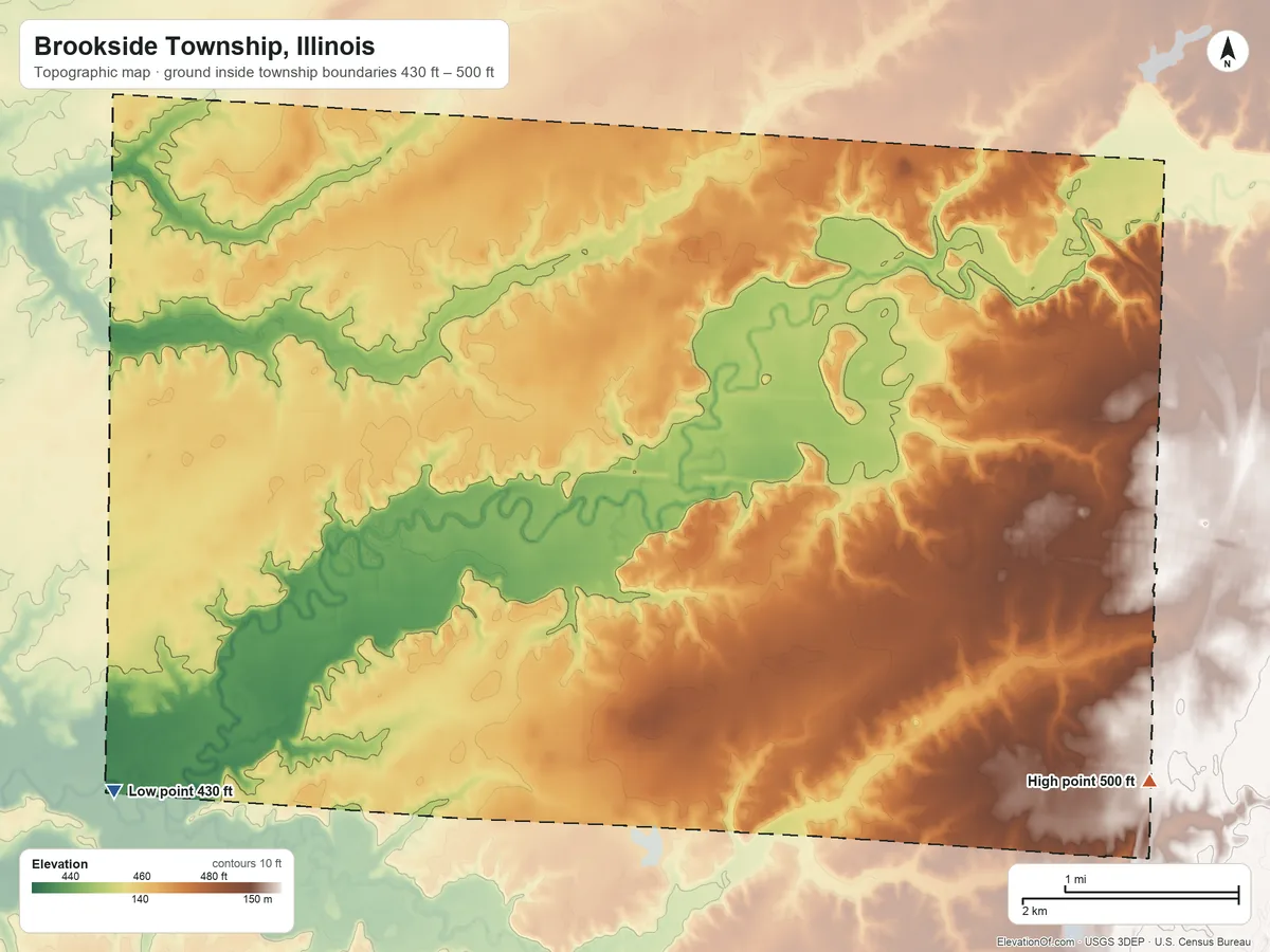 Topographic elevation map of Brookside Township, Illinois, shaded from 430 ft on the west side to 500 ft on the southeast side