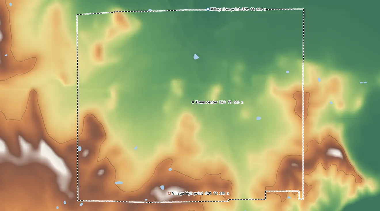Topographic elevation map of Broughton, Illinois, shaded from 370 ft on the north side to 420 ft on the south side