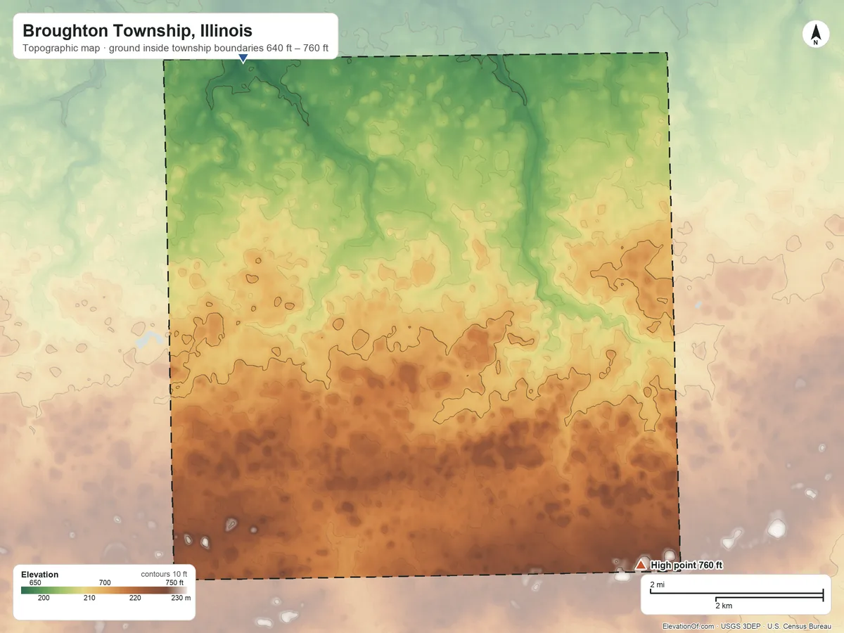 Topographic elevation map of Broughton Township, Illinois, shaded from 640 ft on the northwest side to 760 ft on the southeast side