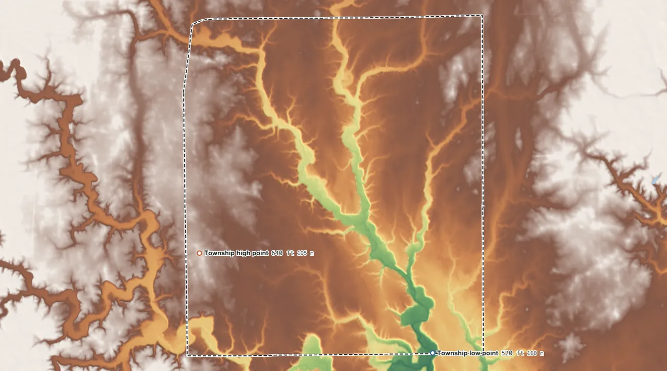 Topographic elevation map of Brouilletts Creek Township, Illinois, shaded from 520 ft on the southeast side to 640 ft on the southwest side