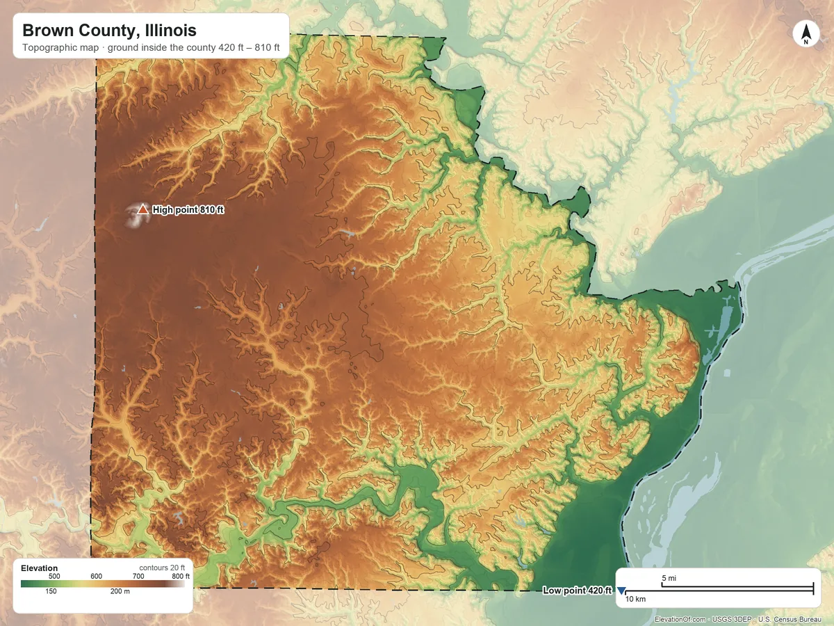 Topographic elevation map of Brown County, Illinois, shaded from 420 ft on the southeast side to 810 ft on the west side