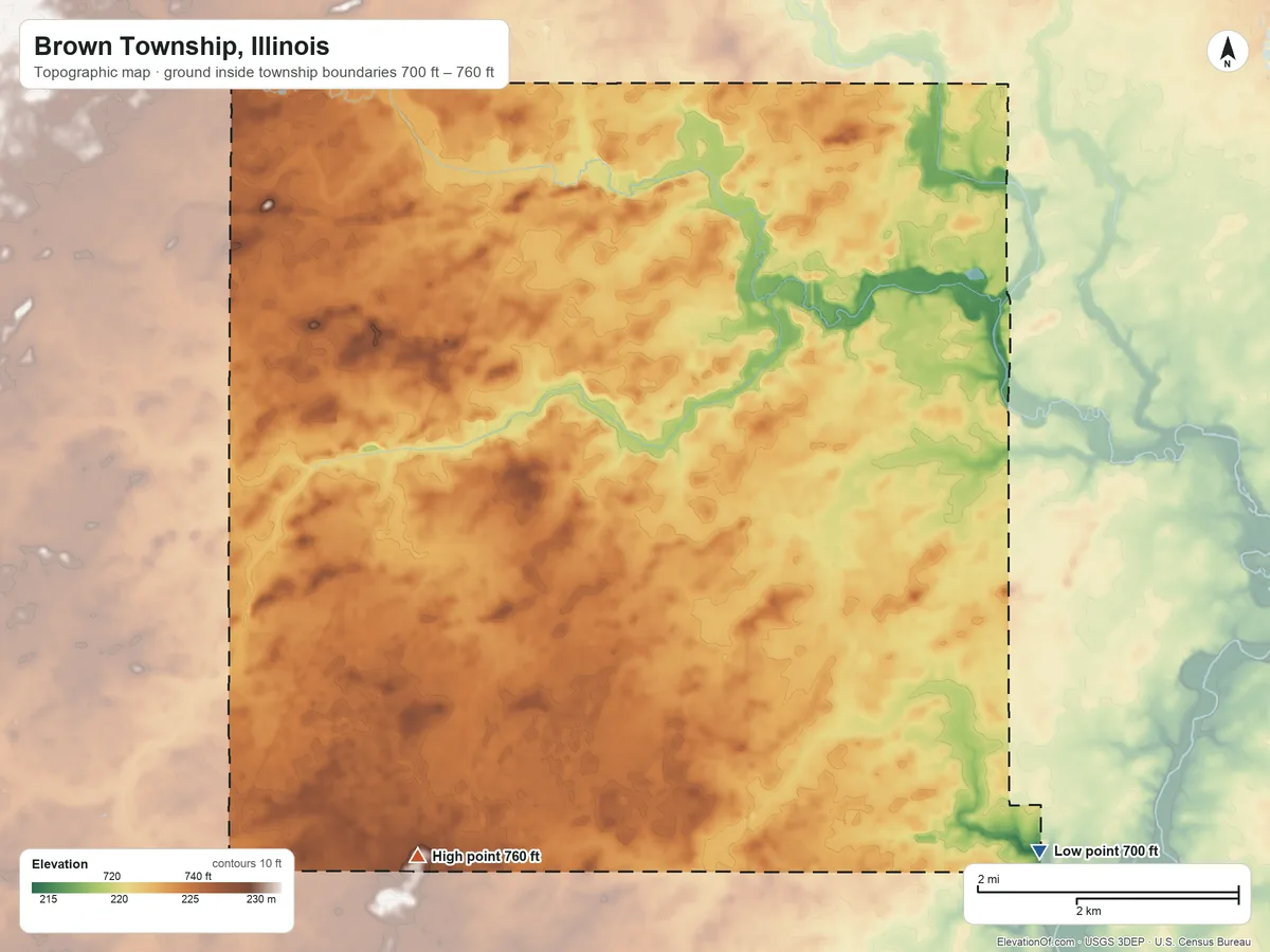 Topographic elevation map of Brown Township, Illinois, shaded from 700 ft on the southeast side to 760 ft on the west side