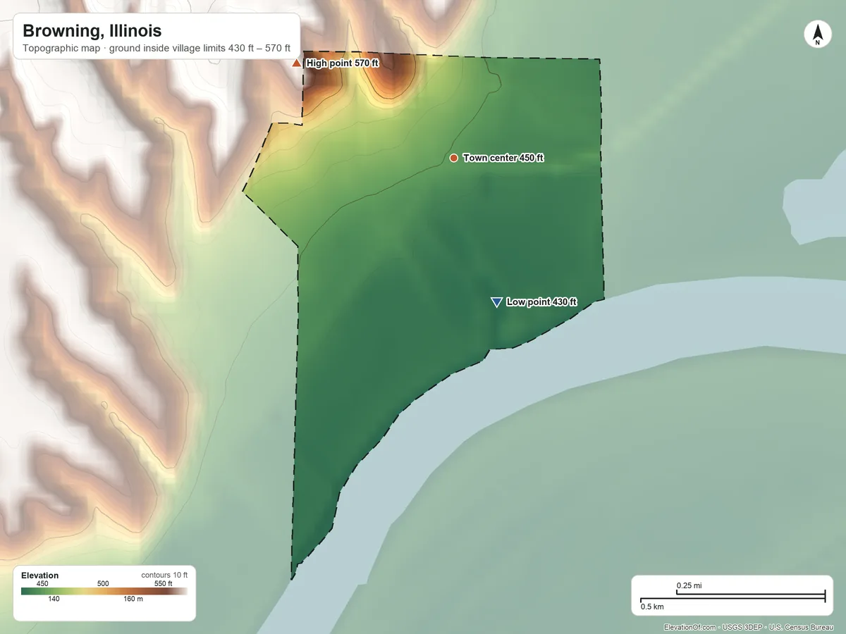 Topographic elevation map of Browning, Illinois, shaded from 430 ft on the south side to 570 ft on the northwest side