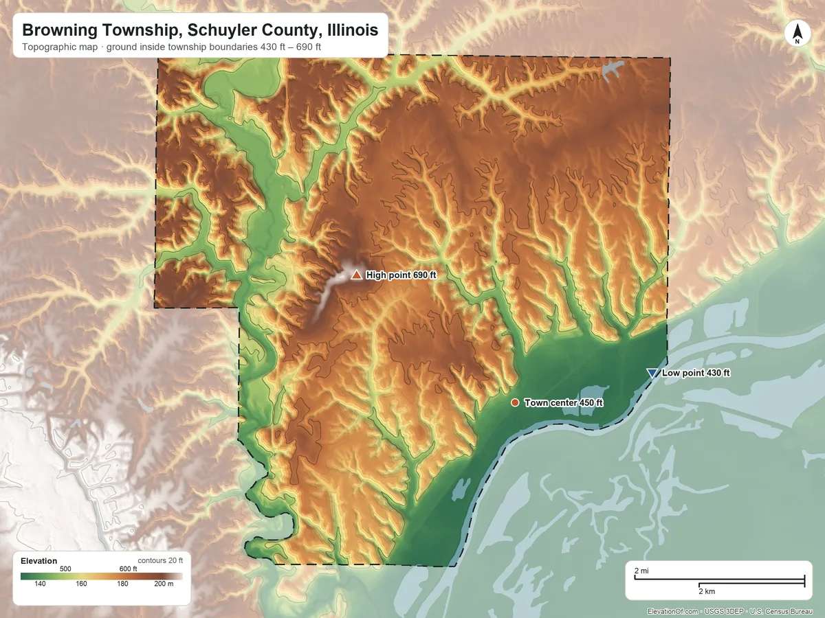 Topographic elevation map of Browning Township, Schuyler County, Illinois, shaded from 430 ft on the east side to 690 ft on the northwest side