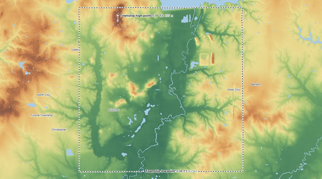 Topographic elevation map of Browning Township, Illinois, shaded from 370 ft on the southwest side to 570 ft on Grammer Hill