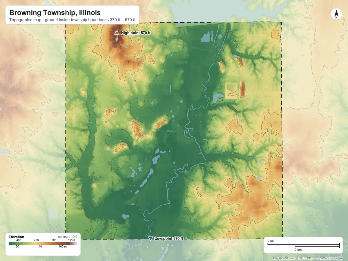 Topographic elevation map of Browning Township, Illinois, shaded from 370 ft on the southwest side to 570 ft on Grammer Hill