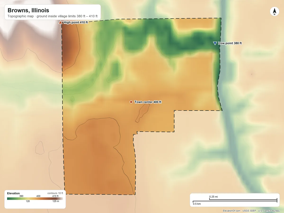 Topographic elevation map of Browns, Illinois, shaded from 380 ft on the northeast side to 410 ft on the northwest side