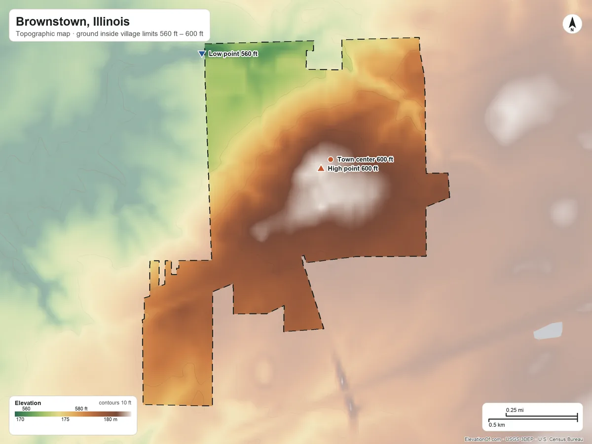 Topographic elevation map of Brownstown, Illinois, shaded from 560 ft on the northwest side to 600 ft near the middle
