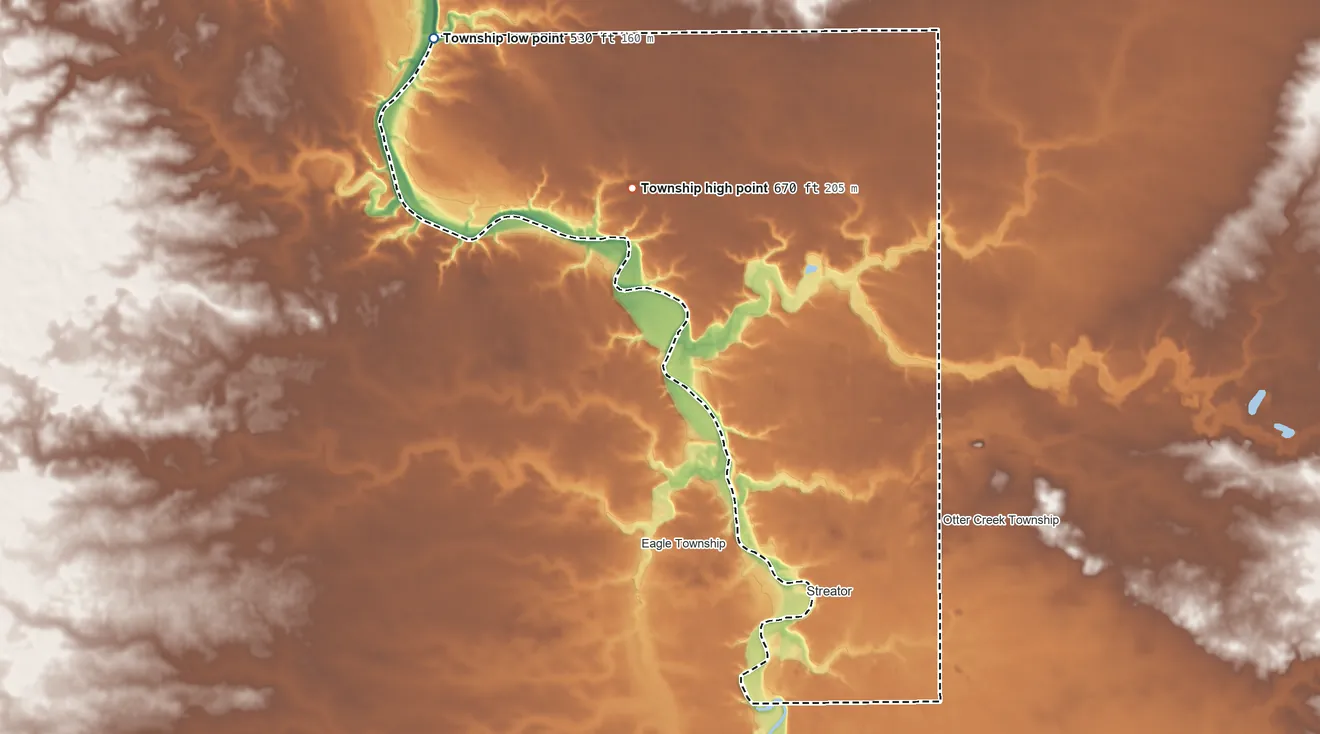 Topographic elevation map of Bruce Township, Illinois, shaded from 530 ft on the northwest side to 670 ft on the northwest side