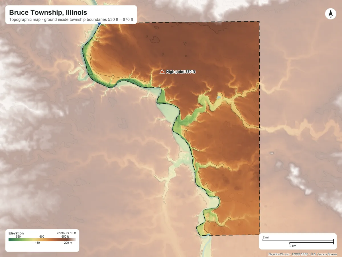 Topographic elevation map of Bruce Township, Illinois, shaded from 530 ft on the northwest side to 670 ft on the northwest side