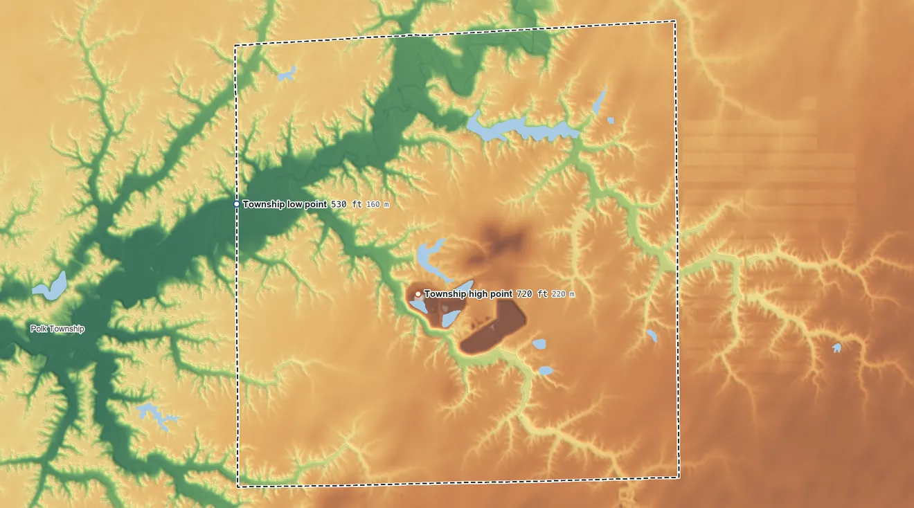 Topographic elevation map of Brushy Mound Township, Illinois, shaded from 530 ft on the west side to 720 ft on the southwest side