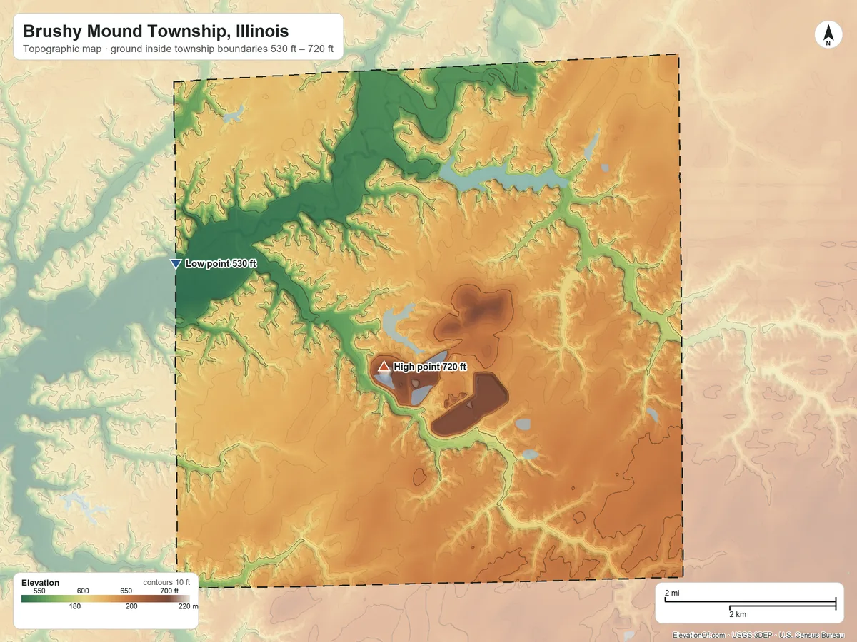 Topographic elevation map of Brushy Mound Township, Illinois, shaded from 530 ft on the west side to 720 ft on the southwest side
