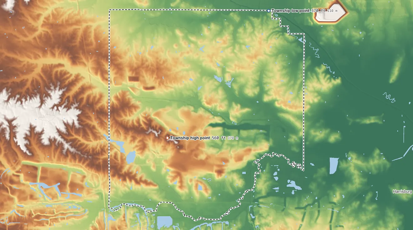 Topographic elevation map of Brushy Township, Illinois, shaded from 370 ft on the northeast side to 560 ft on the south side