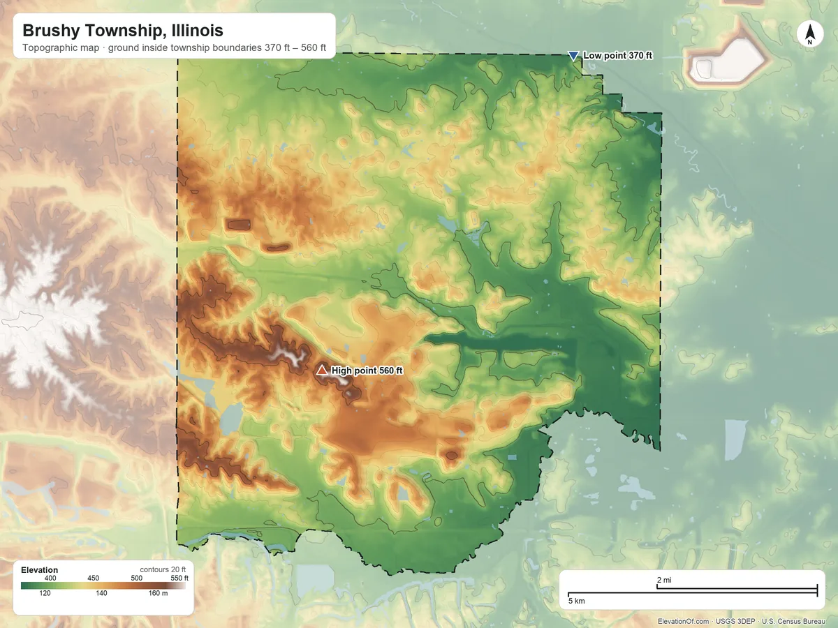 Topographic elevation map of Brushy Township, Illinois, shaded from 370 ft on the northeast side to 560 ft on the south side