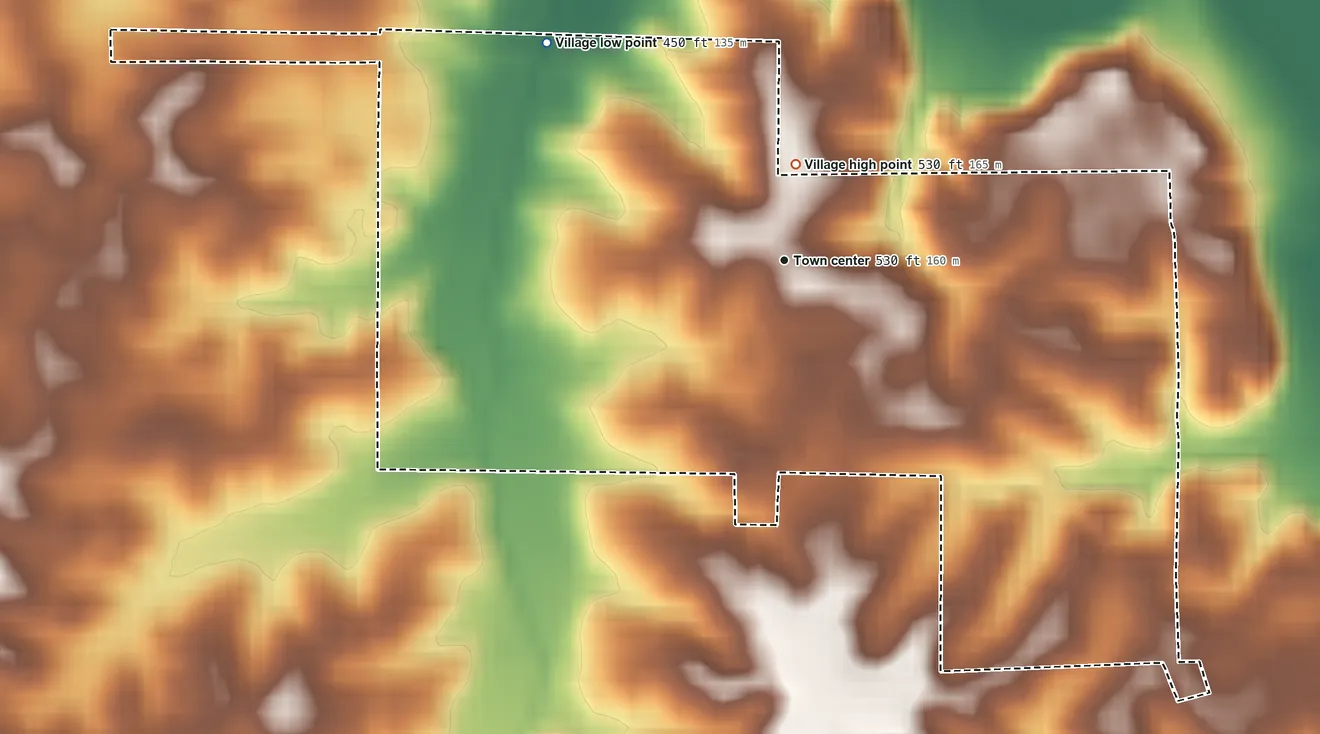 Topographic elevation map of Brussels, Illinois, shaded from 450 ft on the northwest side to 530 ft near the middle