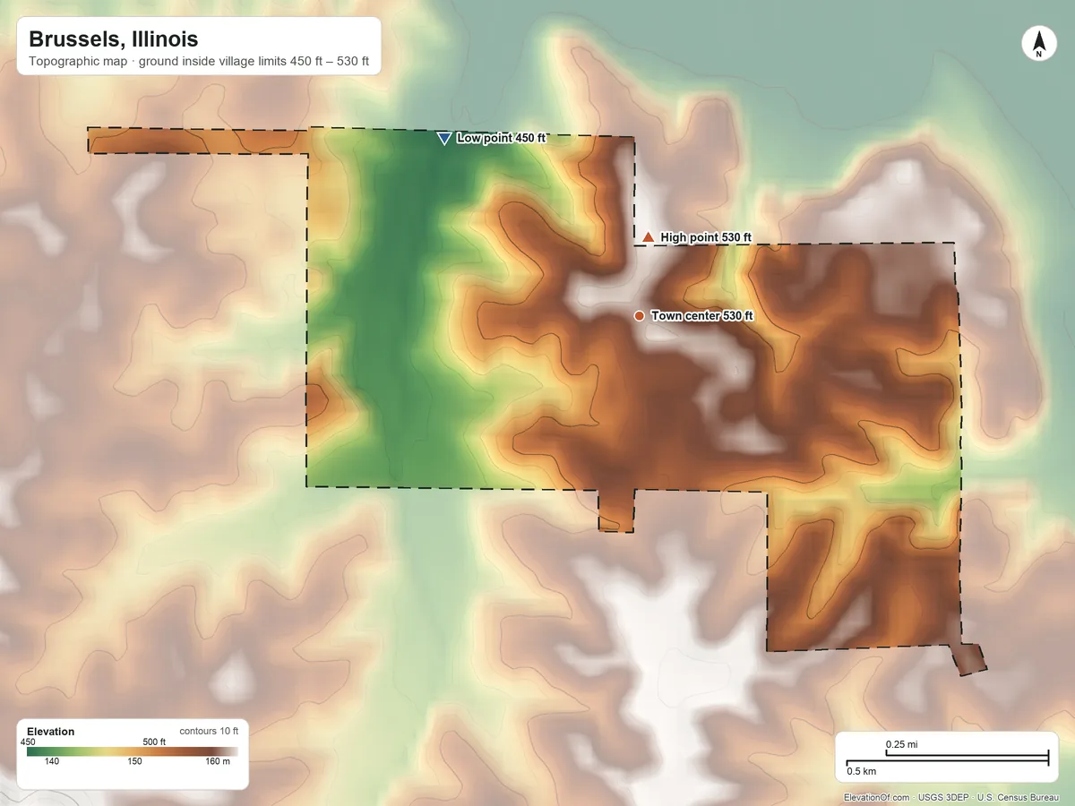 Topographic elevation map of Brussels, Illinois, shaded from 450 ft on the northwest side to 530 ft near the middle