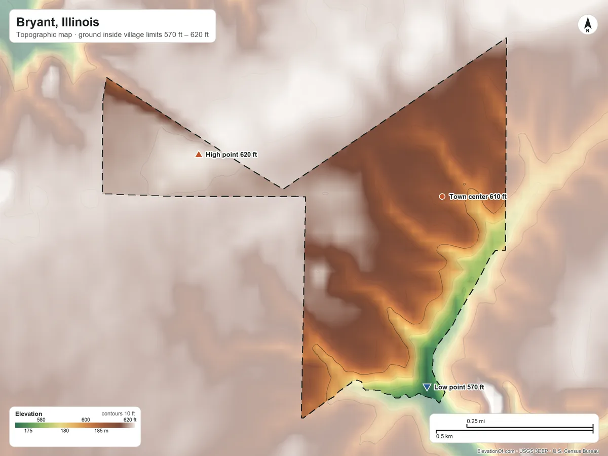 Topographic elevation map of Bryant, Illinois, shaded from 570 ft on the south side to 620 ft on the west side
