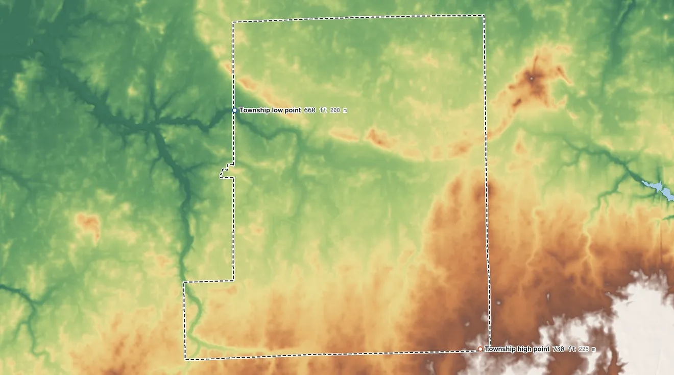 Topographic elevation map of Buck Township, Illinois, shaded from 660 ft on the north side to 730 ft on the southeast side