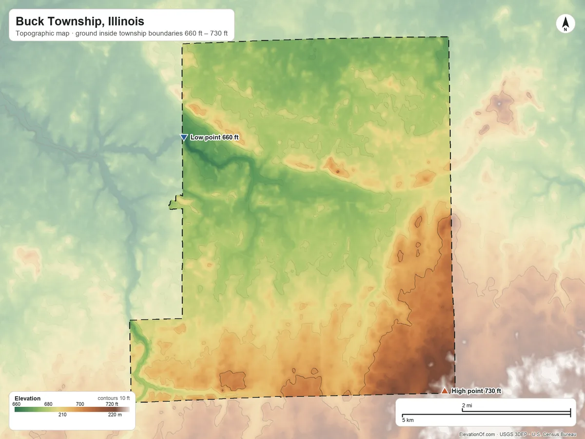 Topographic elevation map of Buck Township, Illinois, shaded from 660 ft on the north side to 730 ft on the southeast side
