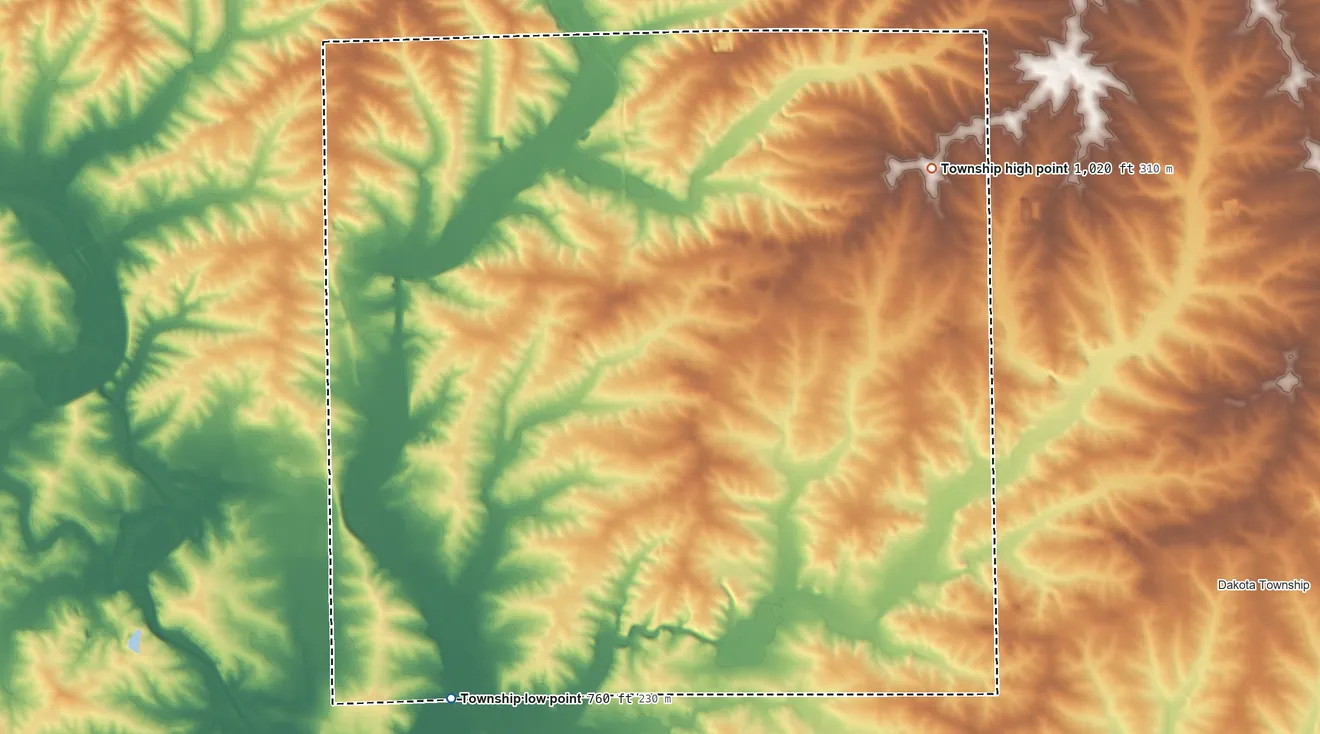 Topographic elevation map of Buckeye Township, Illinois, shaded from 760 ft on the southwest side to 1,020 ft on the northeast side