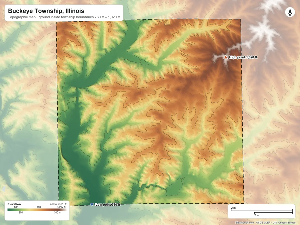 Topographic elevation map of Buckeye Township, Illinois, shaded from 760 ft on the southwest side to 1,020 ft on the northeast side