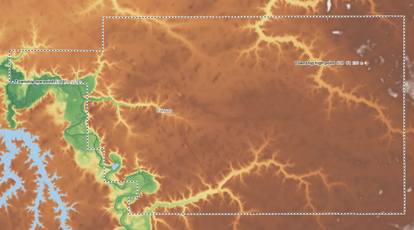 Topographic elevation map of Buckhart Township, Illinois, shaded from 530 ft on the west side to 620 ft on the east side