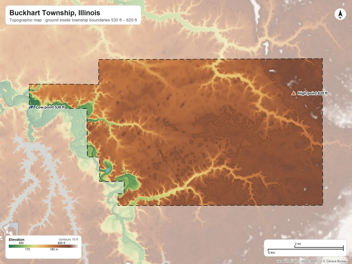 Topographic elevation map of Buckhart Township, Illinois, shaded from 530 ft on the west side to 620 ft on the east side