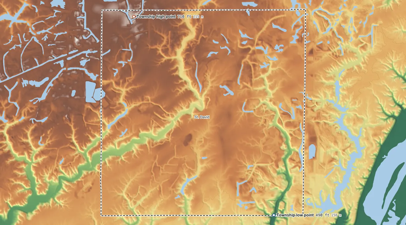 Topographic elevation map of Buckheart Township, Illinois, shaded from 490 ft on the southeast side to 710 ft on the northwest side